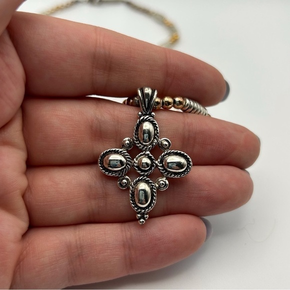Vintage Napier Silver Tone Spiral Beaded with Bronze Beads Cross Flower Necklace - Picture 8 of 12